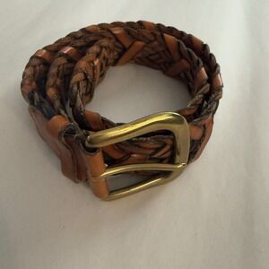Talbots Genuine Leather Braided Belt Brown Solid Brass Buckle 33" Small